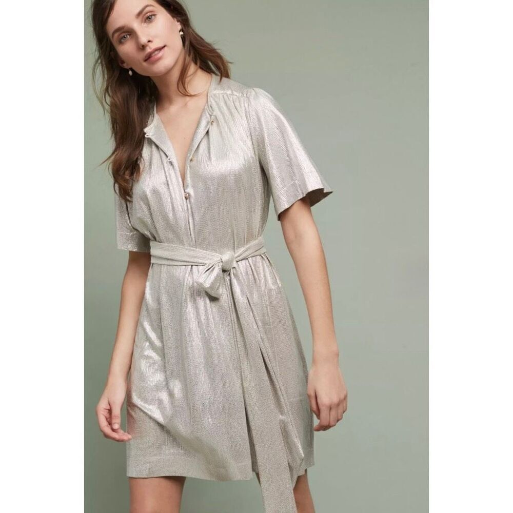 Sabina Musayev Mercury Silver Metallic Tie Waist Mini Party Dress Small Petite